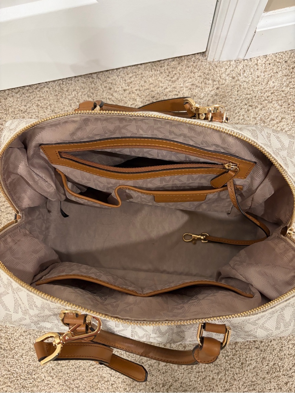 Michael Kors Vanilla Logo Satchel with Acorn Brown Trim - Picture 5 of 10